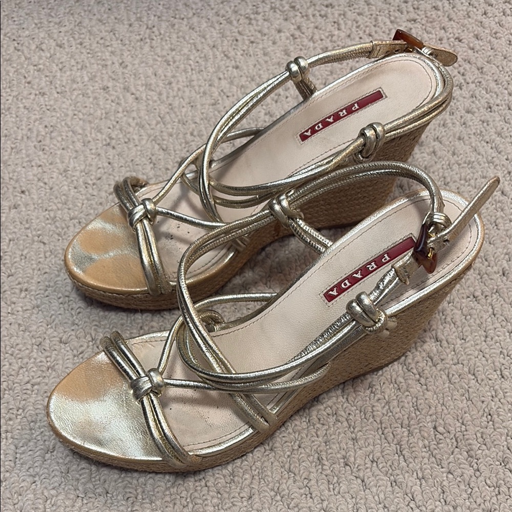 Prada Gold Wedge Sandals for Women
